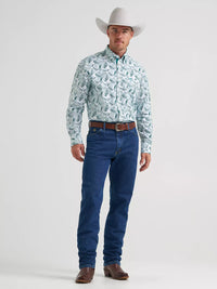 Wrangler Men's L/S George Strait Button Down Shirt in Aqua Paisley (Available in Tall & Plus Sizes)