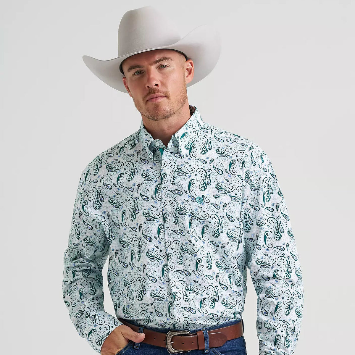 Wrangler Men's L/S George Strait Button Down Shirt in Aqua Paisley (Available in Tall & Plus Sizes)