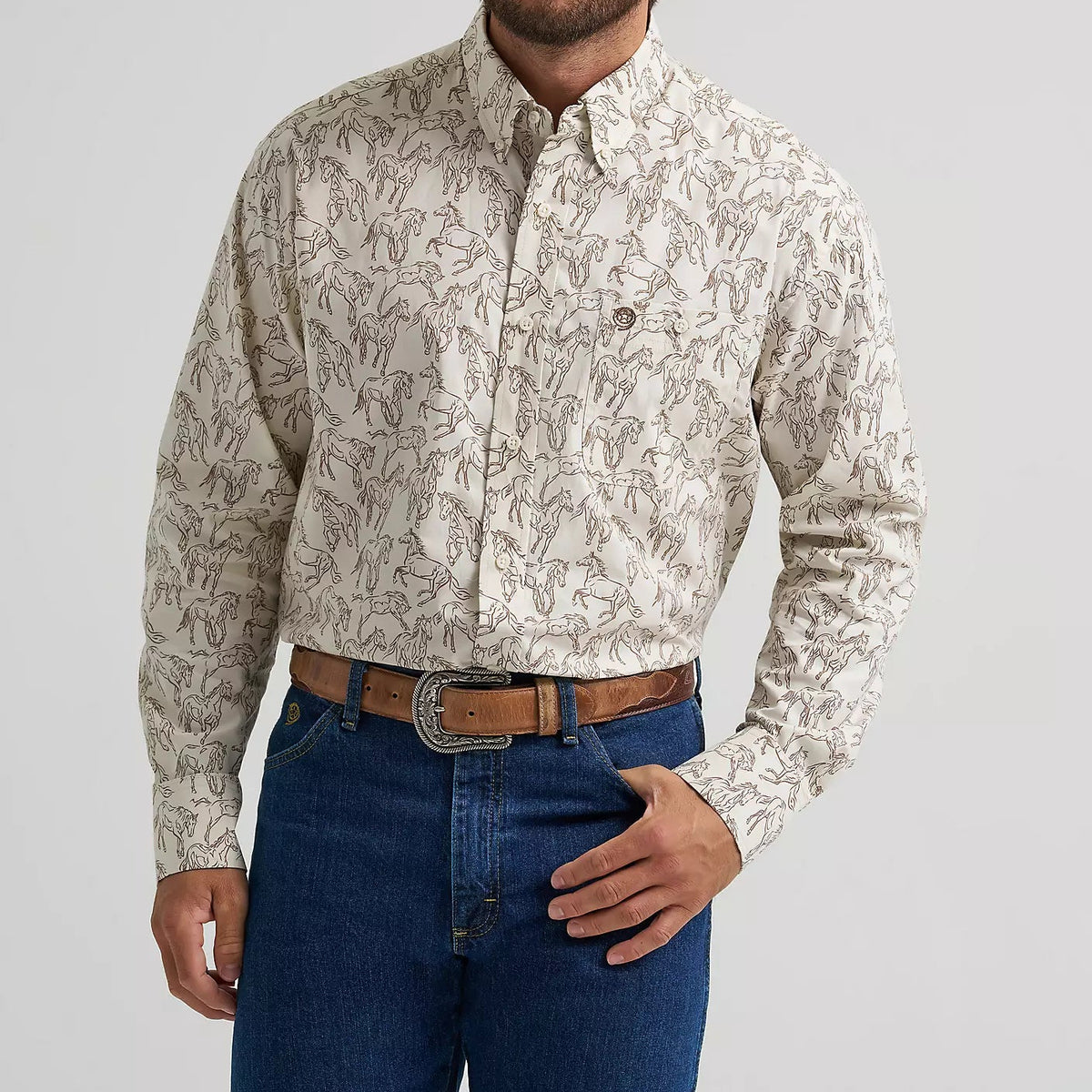 Wrangler Men's L/S George Strait Horse Print Button Down Shirt in Stallions (Available in Tall & Plus Sizes)