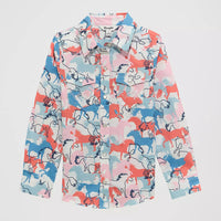Wrangler Girl's L/S Cowboy Horse Print Western Snap Shirt in Colorful Horses
