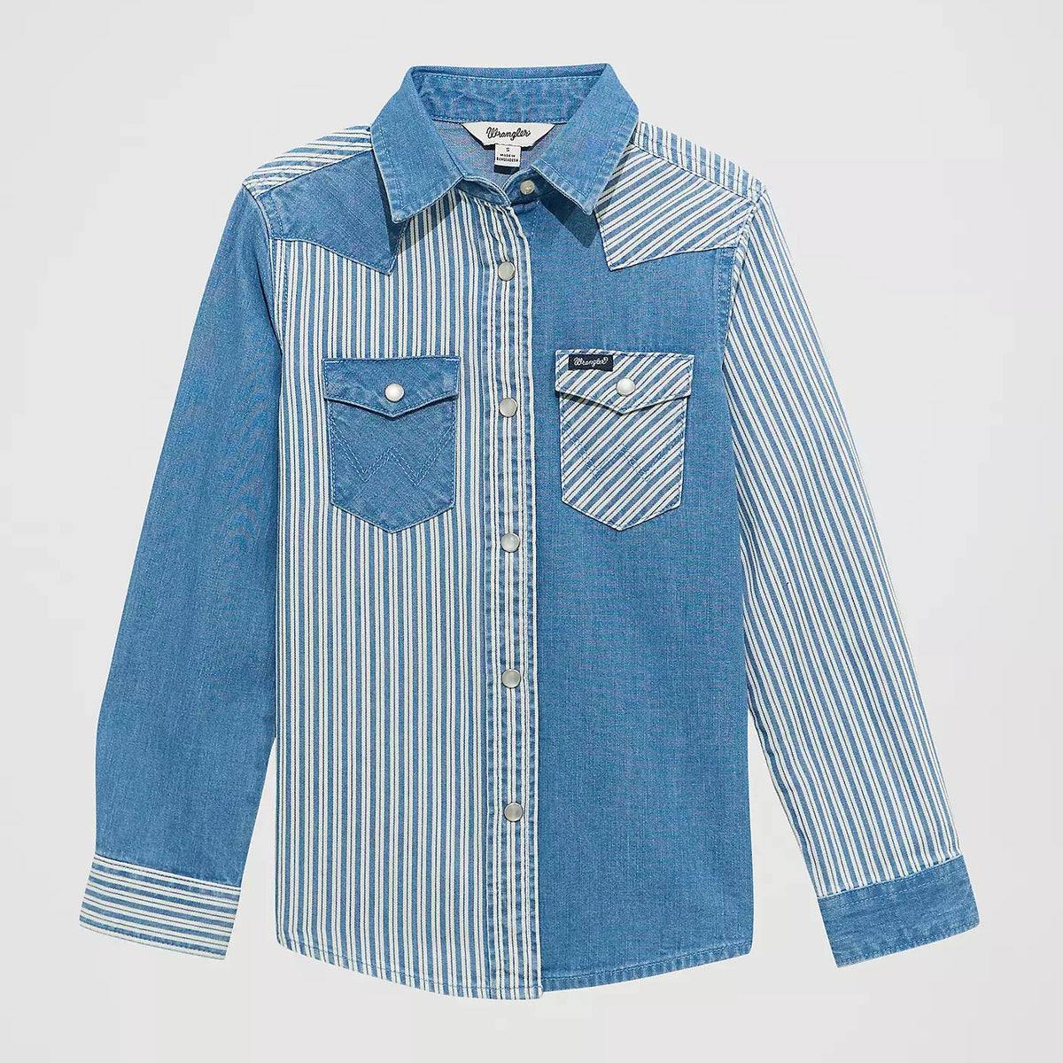 Wrangler Girl's L/S Striped Patchwork Denim Western Snap Shirt