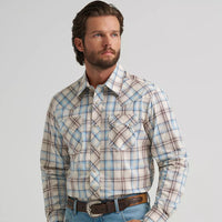 Wrangler Retro Men's L/S Sawtooth Pocket Plaid Western Snap Shirt in Historic Tan