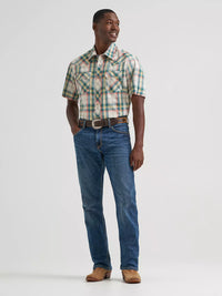 Wrangler Retro Men's S/S Sawtooth Pocket Plaid Western Snap Shirt in Grass