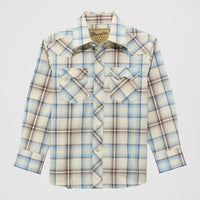 Wrangler Boy's Retro L/S Sawtooth Pocket Plaid Western Snap Shirt in Historic Tan