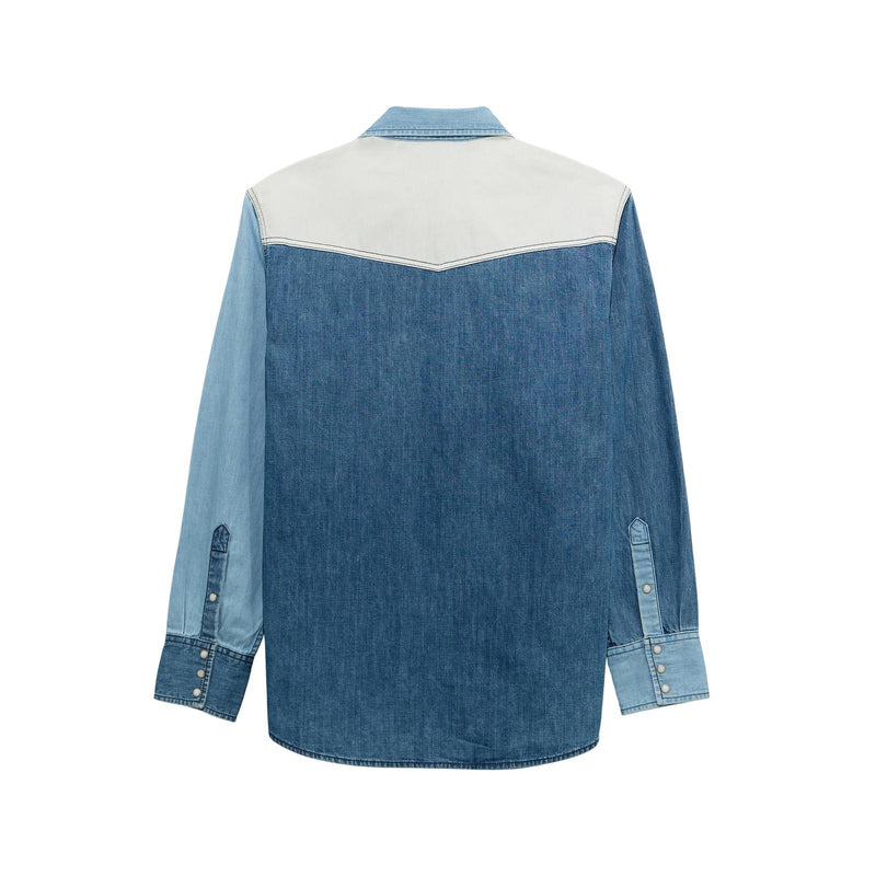 Wrangler Men's L/S Vintage Inspired Brushpopper Western Snap Work Shirt in indigo Denim Patchwork