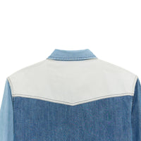 Wrangler Men's L/S Vintage Inspired Brushpopper Western Snap Work Shirt in indigo Denim Patchwork