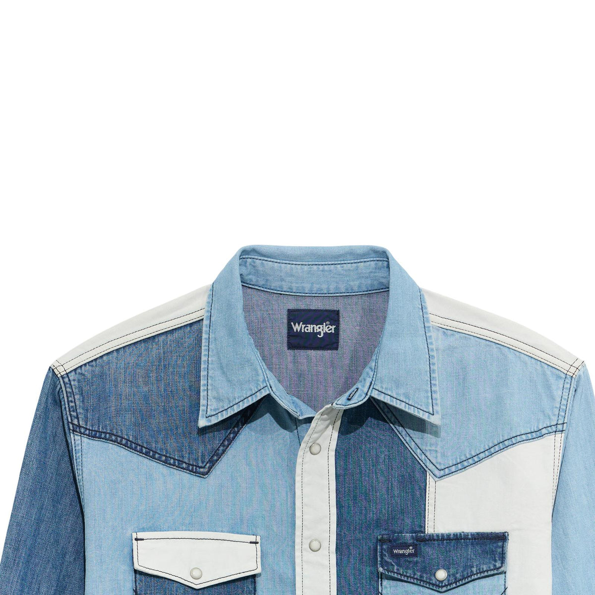 Wrangler Men's L/S Vintage Inspired Brushpopper Western Snap Work Shirt in indigo Denim Patchwork