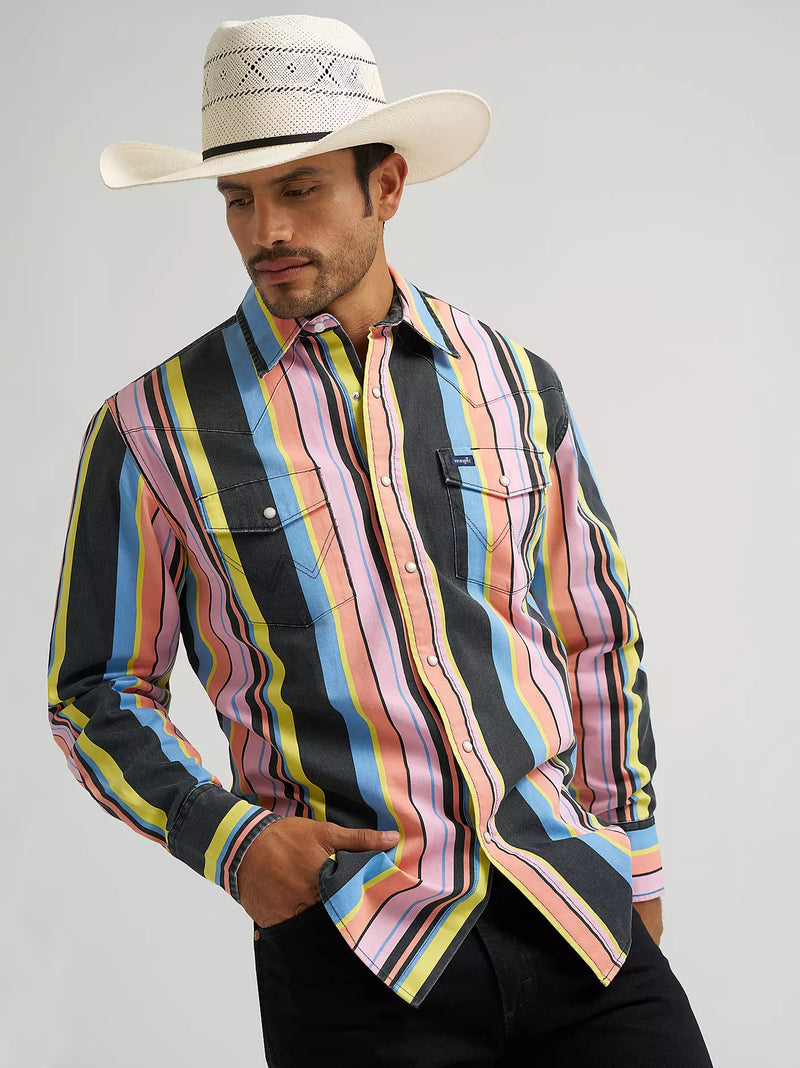 Wrangler Men's L/S Vintage Inspired Brushpopper Western Snap Work Shirt in Candy Stripe