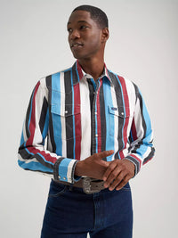 Wrangler Men's L/S Vintage Inspired Brushpopper Western Snap Work Shirt in Blue Raspberry