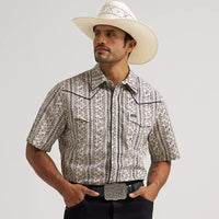 Wrangler Men's S/S Vintage-Inspired Sculpted Piped Printed Snap Shirt in Ecru Black/White