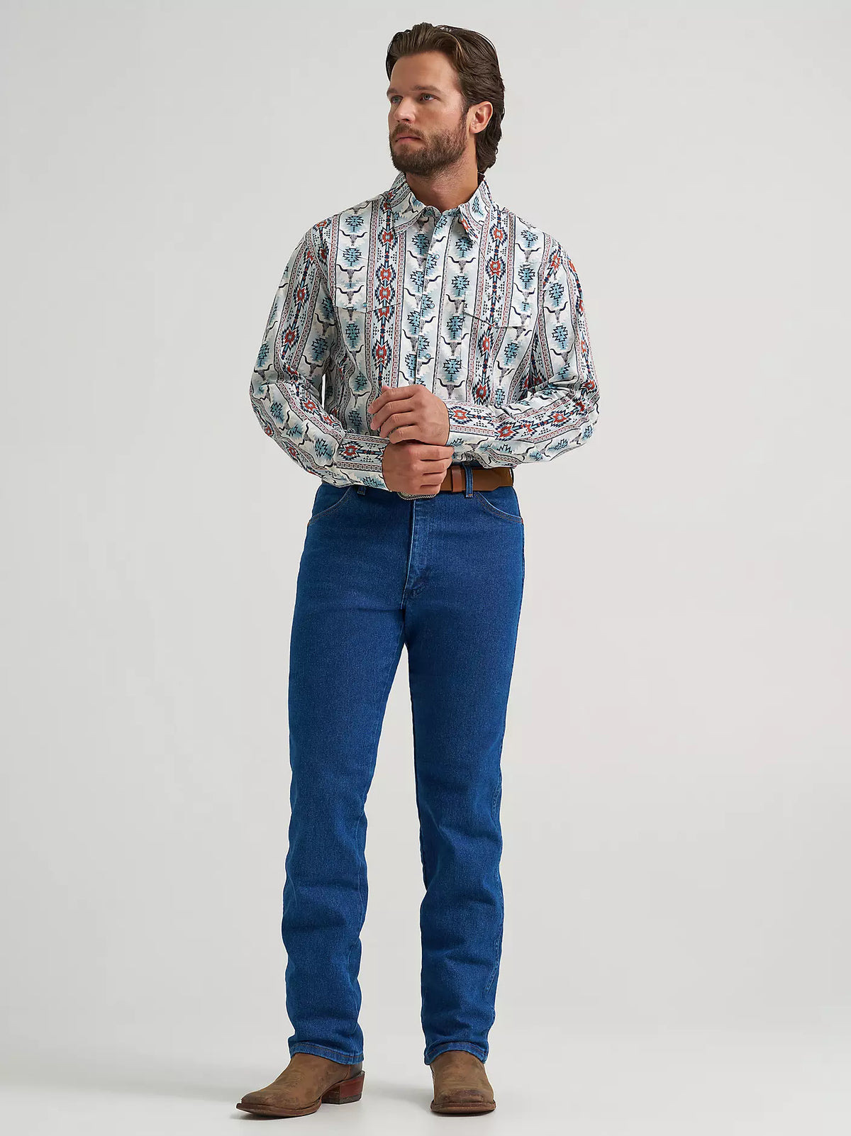 Wrangler Men's Checotah L/S Western Snap Shirt in Grey Steerhead (Available in Tall Sizes)