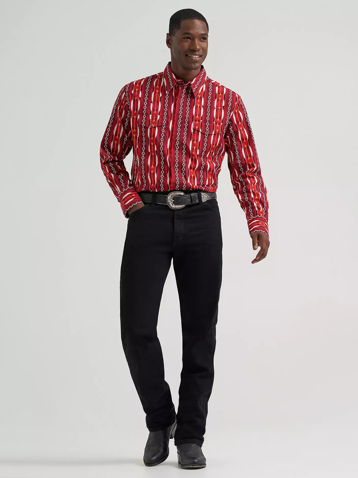 Wrangler Men's Checotah L/S Western Snap Shirt in Fire Red Arrow