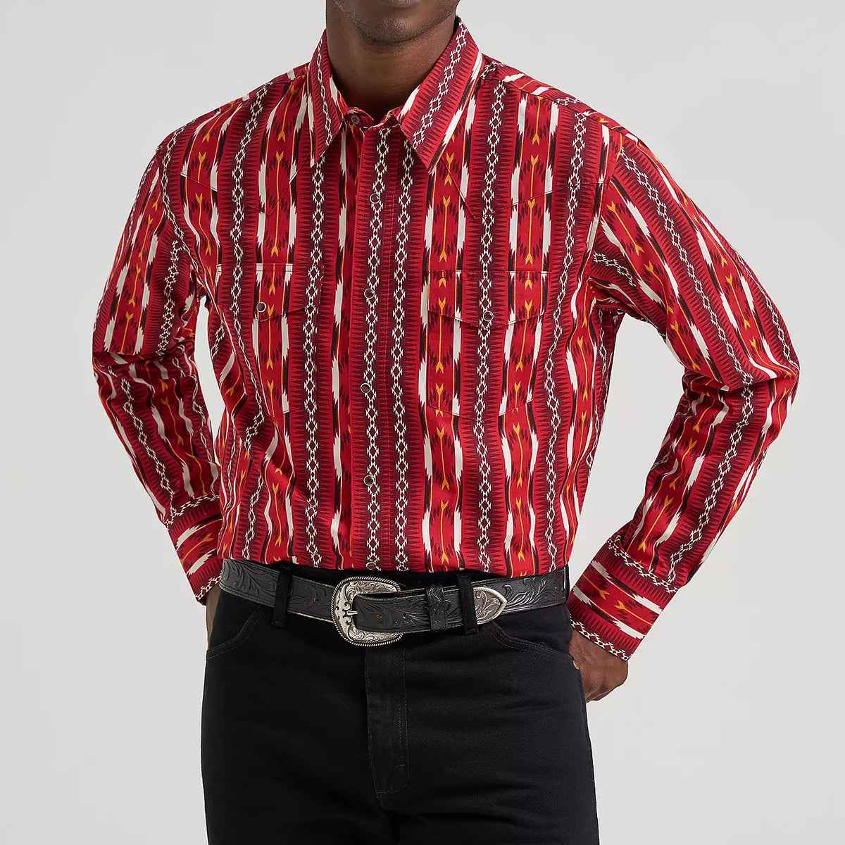 Wrangler Men's Checotah L/S Western Snap Shirt in Fire Red Arrow