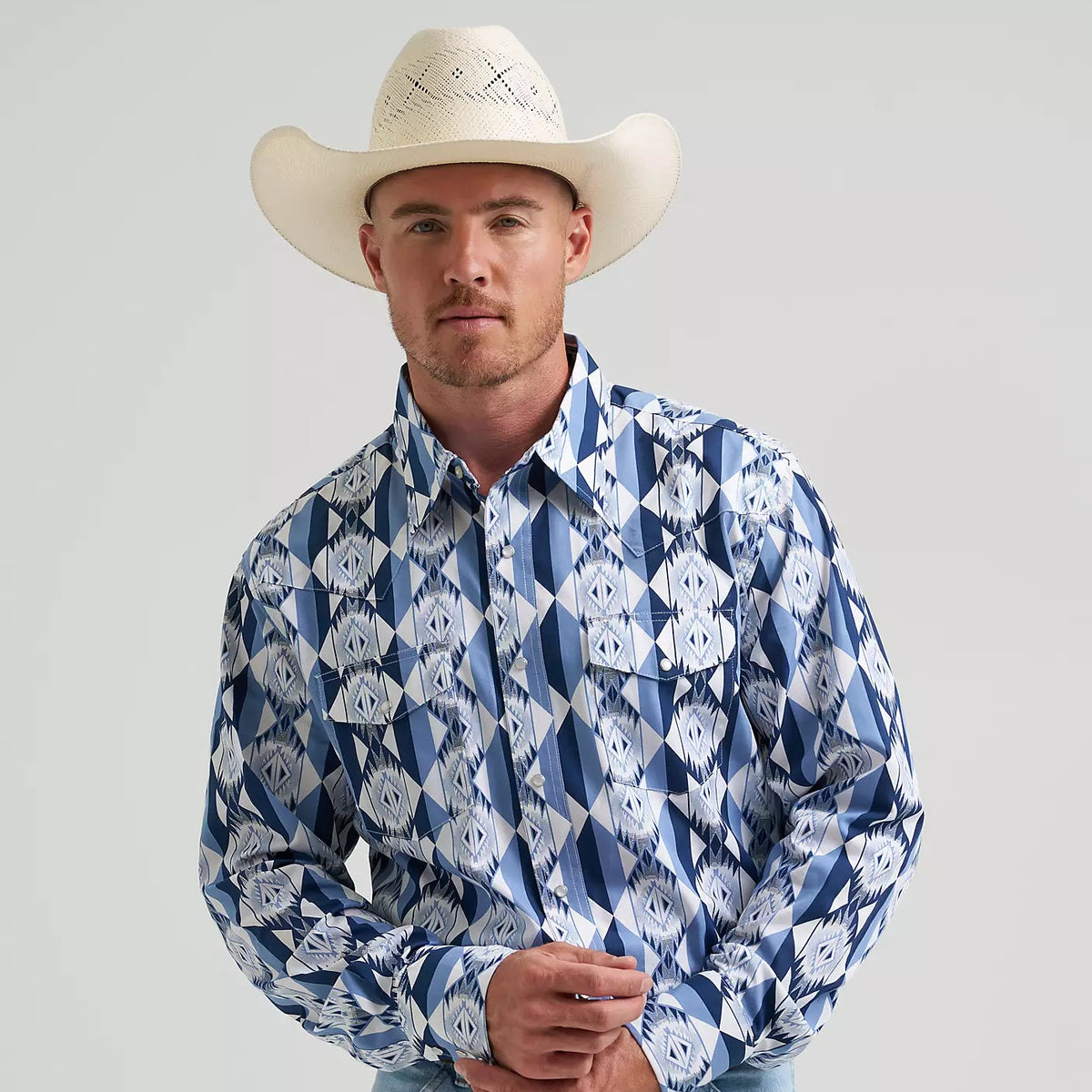 Wrangler Men's Checotah L/S Western Snap Shirt in Blue Diamondback