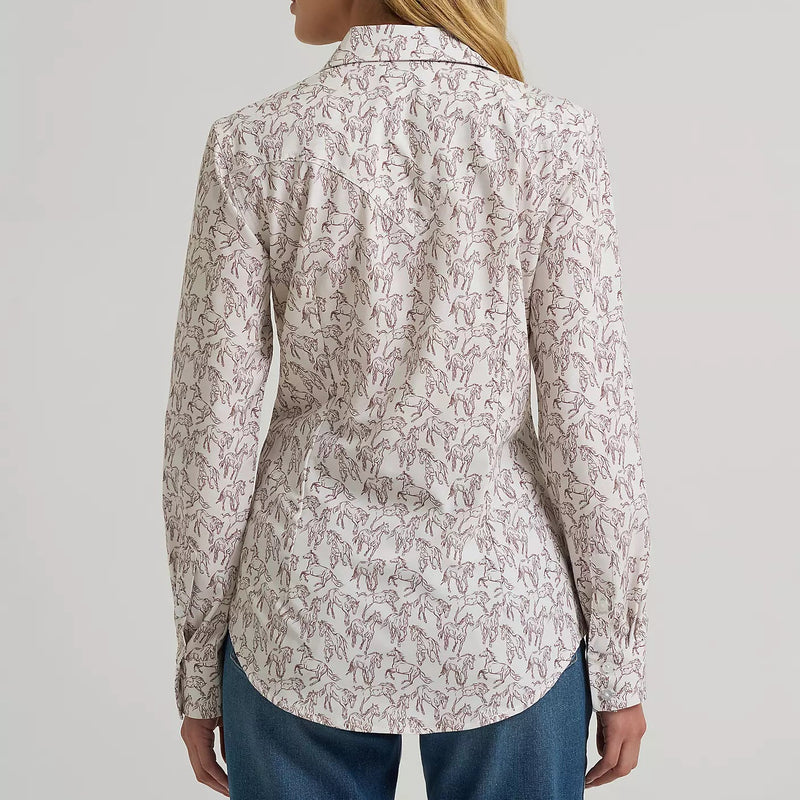 Wrangler Women's L/S Aria Performance Button Up Shirt in White Horse Print