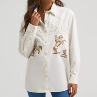 Wrangler Retro Women's Embroidered Boyfriend Denim Western Snap Shirt in Cream