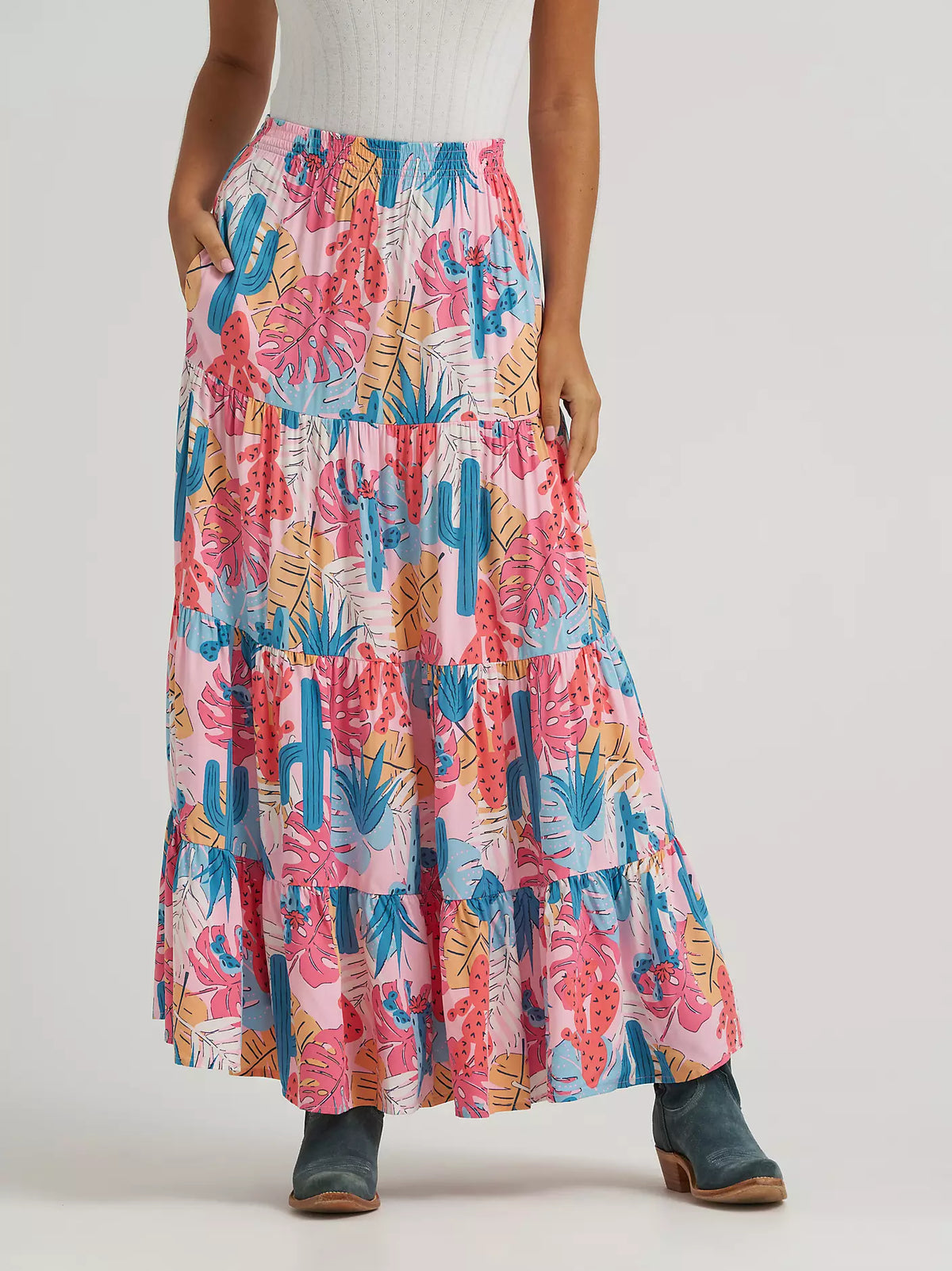 Wrangler Women's Printed Tiered Maxi Skirt in Pink