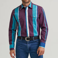 Wrangler Men's L/S Vintage Inspired Brushpopper Western Snap Work Shirt in Aubergine Teal