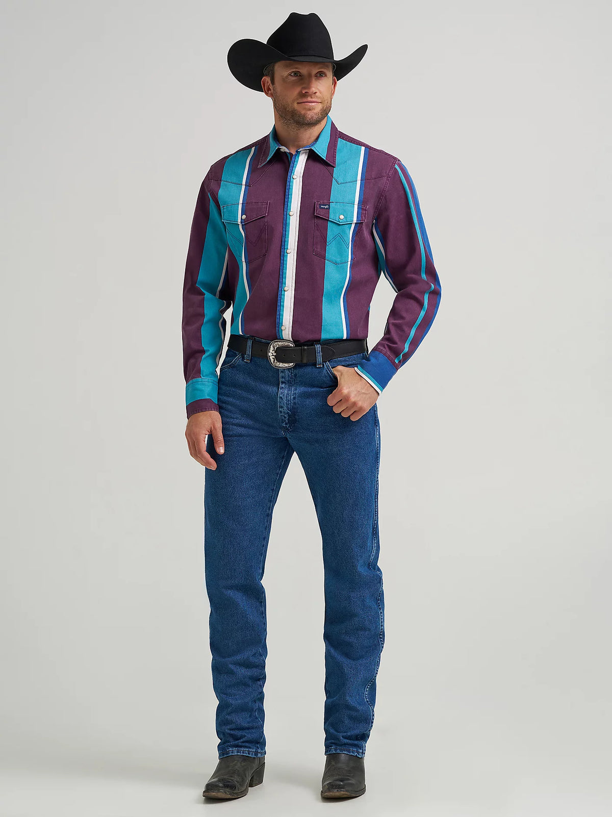 Wrangler Men's L/S Vintage Inspired Brushpopper Western Snap Work Shirt in Aubergine Teal