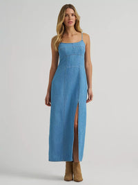 Wrangler Retro Women's Denim Slit Front Maxi Dress in Mid Denim