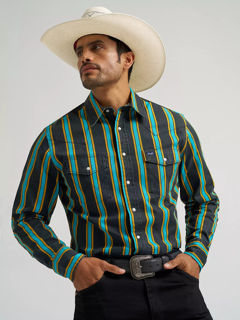 Wrangler Men's L/S Vintage Inspired Brushpopper Western Snap Work Shirt in Teal Pop