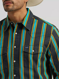Wrangler Men's L/S Vintage Inspired Brushpopper Western Snap Work Shirt in Teal Pop