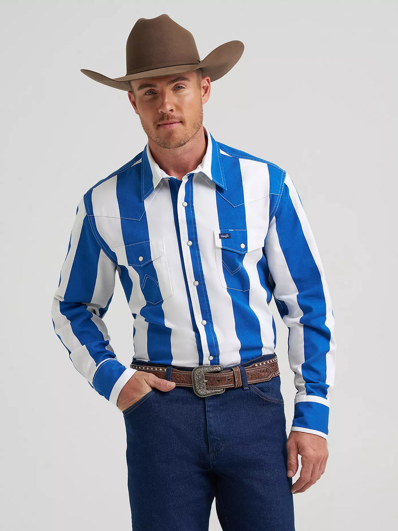 Wrangler Men's L/S Vintage Inspired Brushpopper Western Snap Work Shirt in Big Blue