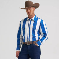 Wrangler Men's L/S Vintage Inspired Brushpopper Western Snap Work Shirt in Big Blue