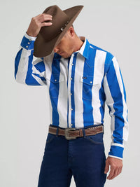 Wrangler Men's L/S Vintage Inspired Brushpopper Western Snap Work Shirt in Big Blue