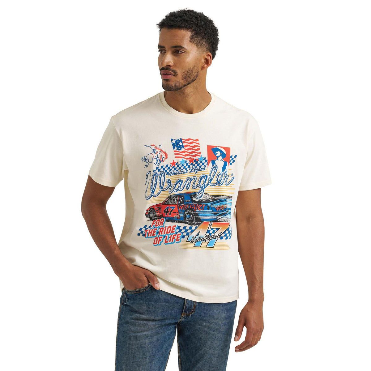 Wrangler Men's Racecar 47 Vintage Fit Graphic T-Shirt in Antique White