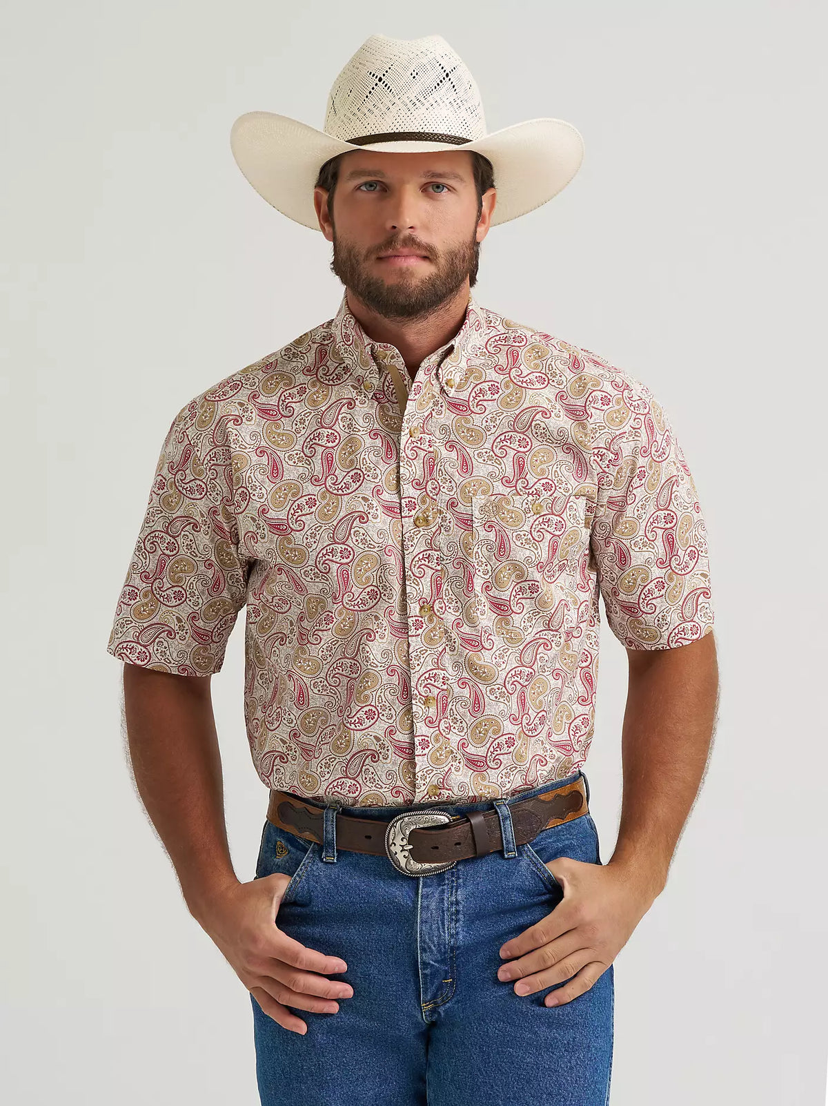 Wrangler George Strait Men's S/S One Pocket Button Down Western Shirt in Mustard Paisley (Available in Tall)