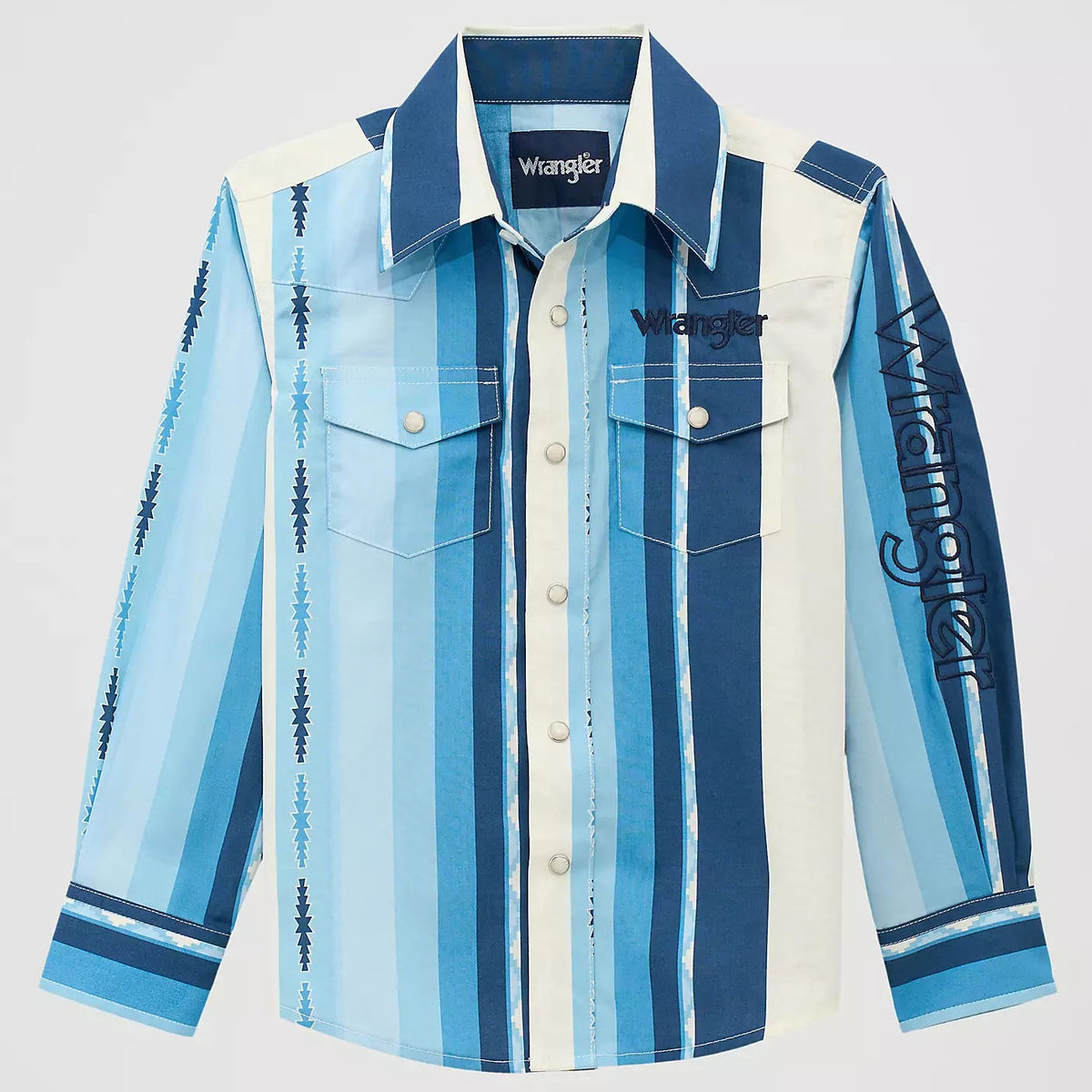Wrangler Boy's L/S Logo Stripes Western Snap Shirt in Blue Clouds
