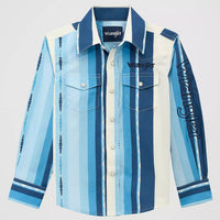 Wrangler Boy's L/S Logo Stripes Western Snap Shirt in Blue Clouds