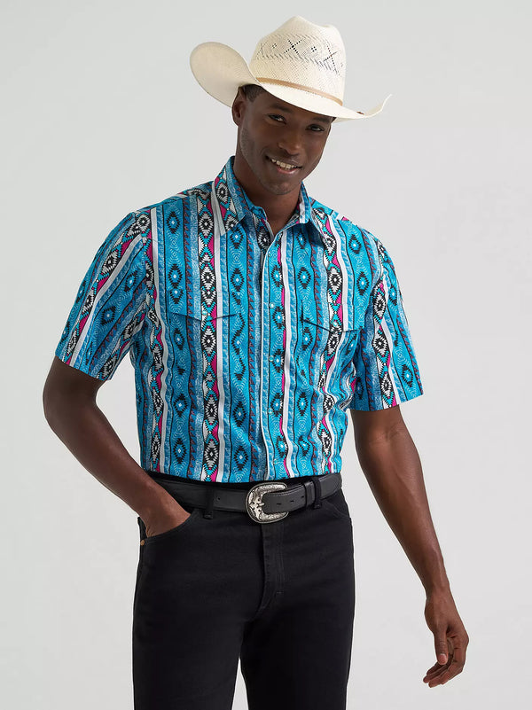 Wrangler Men's S/S Checotah® Western Snap Shirt in Dialed Up Blue