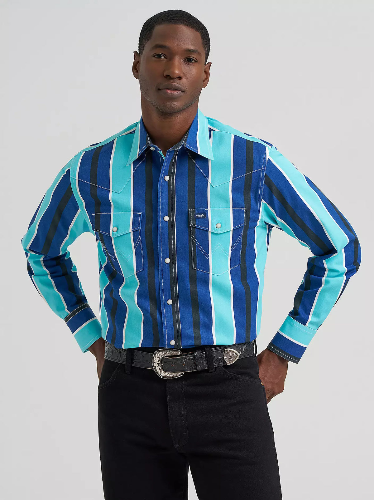 Wrangler Men's L/S Vintage Inspired Brushpopper Western Snap Work Shirt in Cobalt Storm