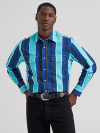 Wrangler Men's L/S Vintage Inspired Brushpopper Western Snap Work Shirt in Cobalt Storm