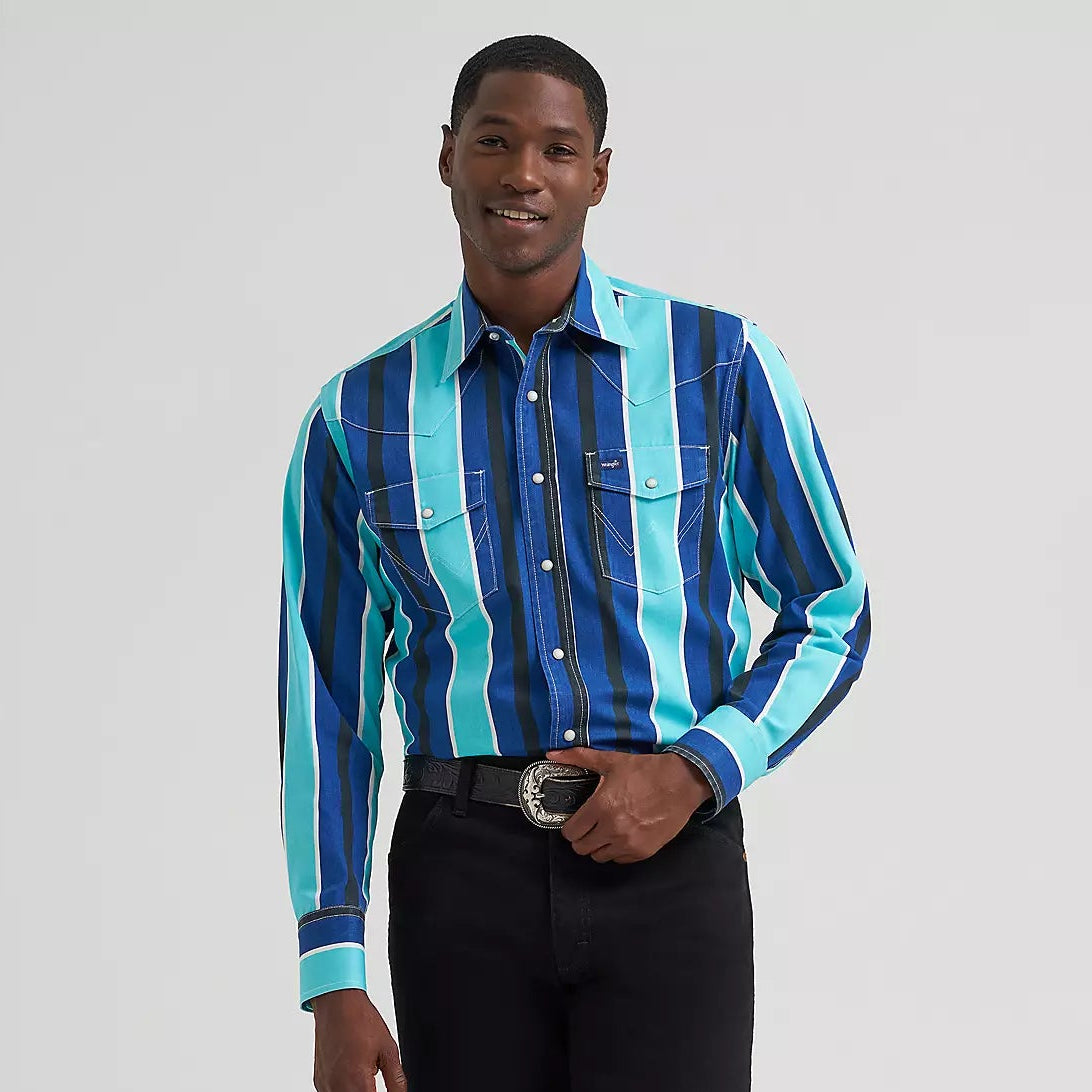 Wrangler Men's L/S Vintage Inspired Brushpopper Western Snap Work Shirt in Cobalt Storm