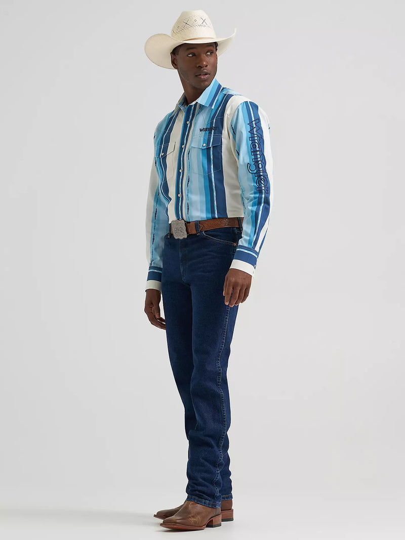 Wrangler Men's L/S Logo Striped Snap Shirt in Blue Clouds