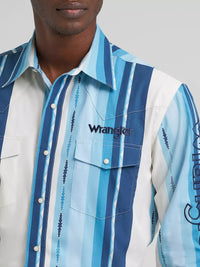 Wrangler Men's L/S Logo Striped Snap Shirt in Blue Clouds