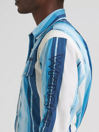 Wrangler Men's L/S Logo Striped Snap Shirt in Blue Clouds
