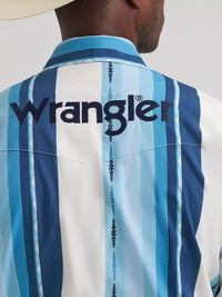 Wrangler Men's L/S Logo Striped Snap Shirt in Blue Clouds