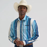Wrangler Men's L/S Logo Striped Snap Shirt in Blue Clouds