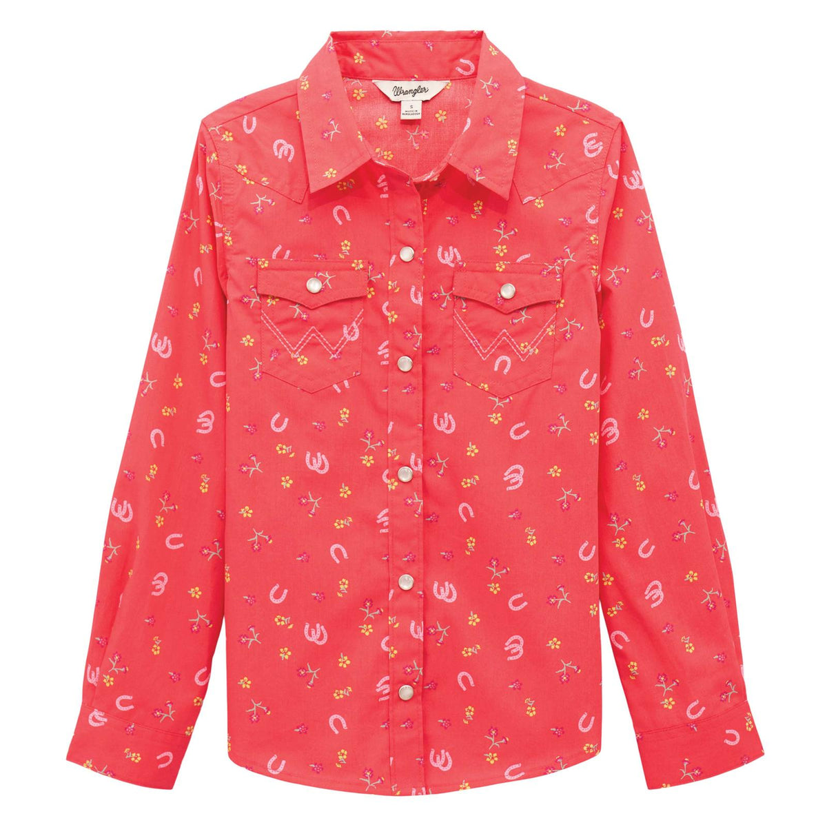 Wrangler Girl's L/S Floral Western Snap Shirt in Pink