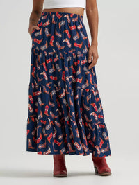 Wrangler Women's Printed Tiered Maxi Skirt in Navy Blue