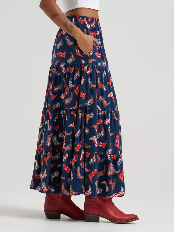 Wrangler Women's Printed Tiered Maxi Skirt in Navy Blue