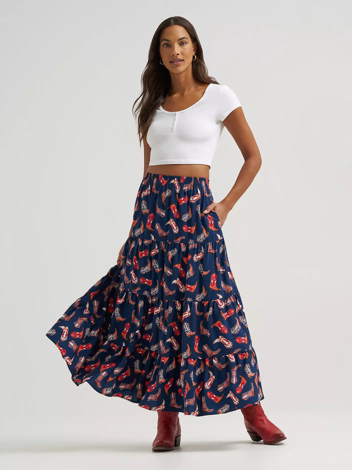 Wrangler Women's Printed Tiered Maxi Skirt in Navy Blue
