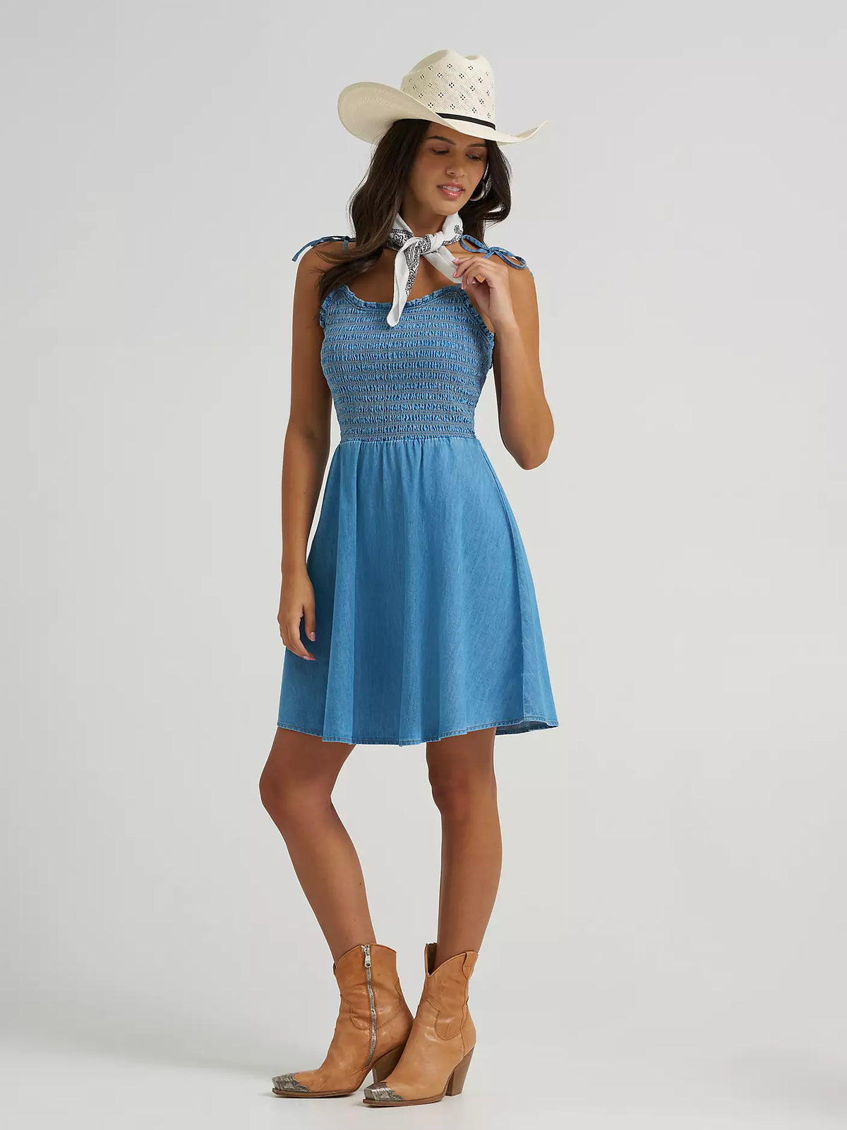 Wrangler Women's Tie Denim Smocked Dress in Mid Denim