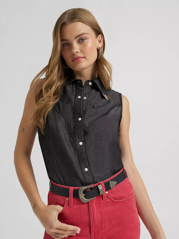 Wrangler x Lainey Wilson Women's Sleeveless Snap Shirt in Deep Black