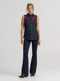 Wrangler x Lainey Wilson Women's Embroidered Denim Sleeveless Snap Shirt in Dark Rinse