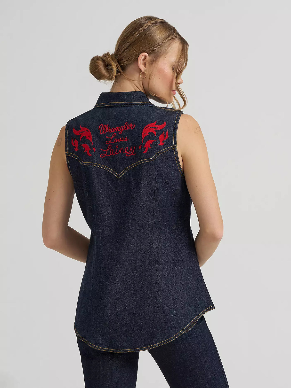 Wrangler x Lainey Wilson Women's Embroidered Denim Sleeveless Snap Shirt in Dark Rinse